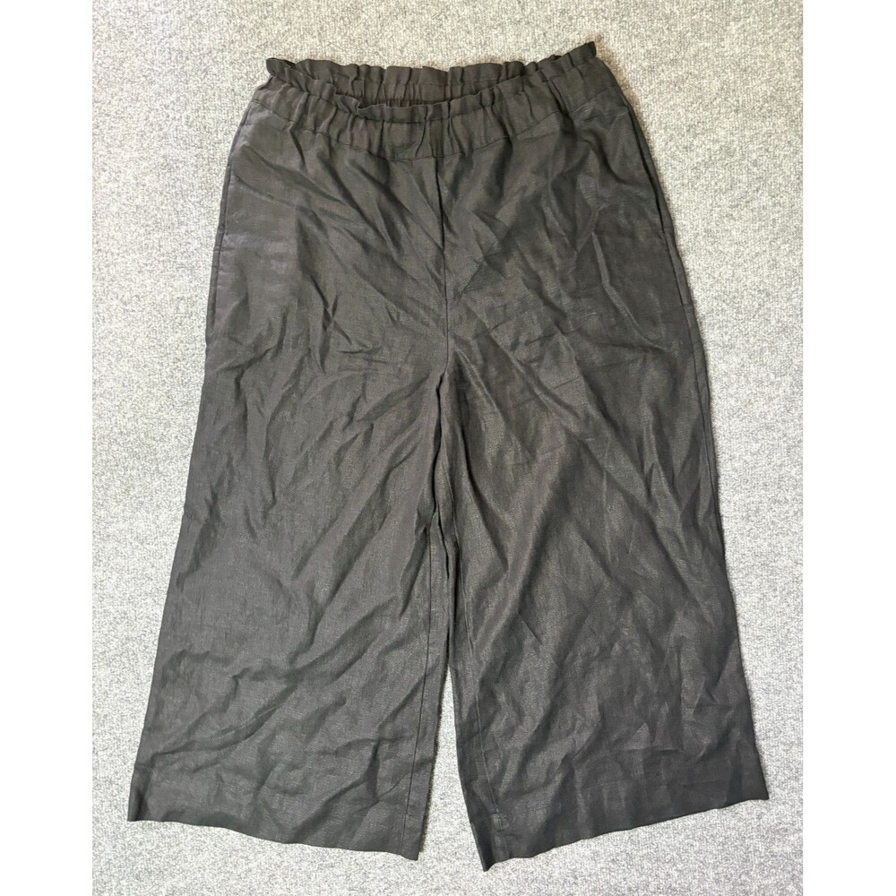 CHICOS Pants Womens Chico Size 1.5 US 10 Black Linen Stretch Waist Wide Leg